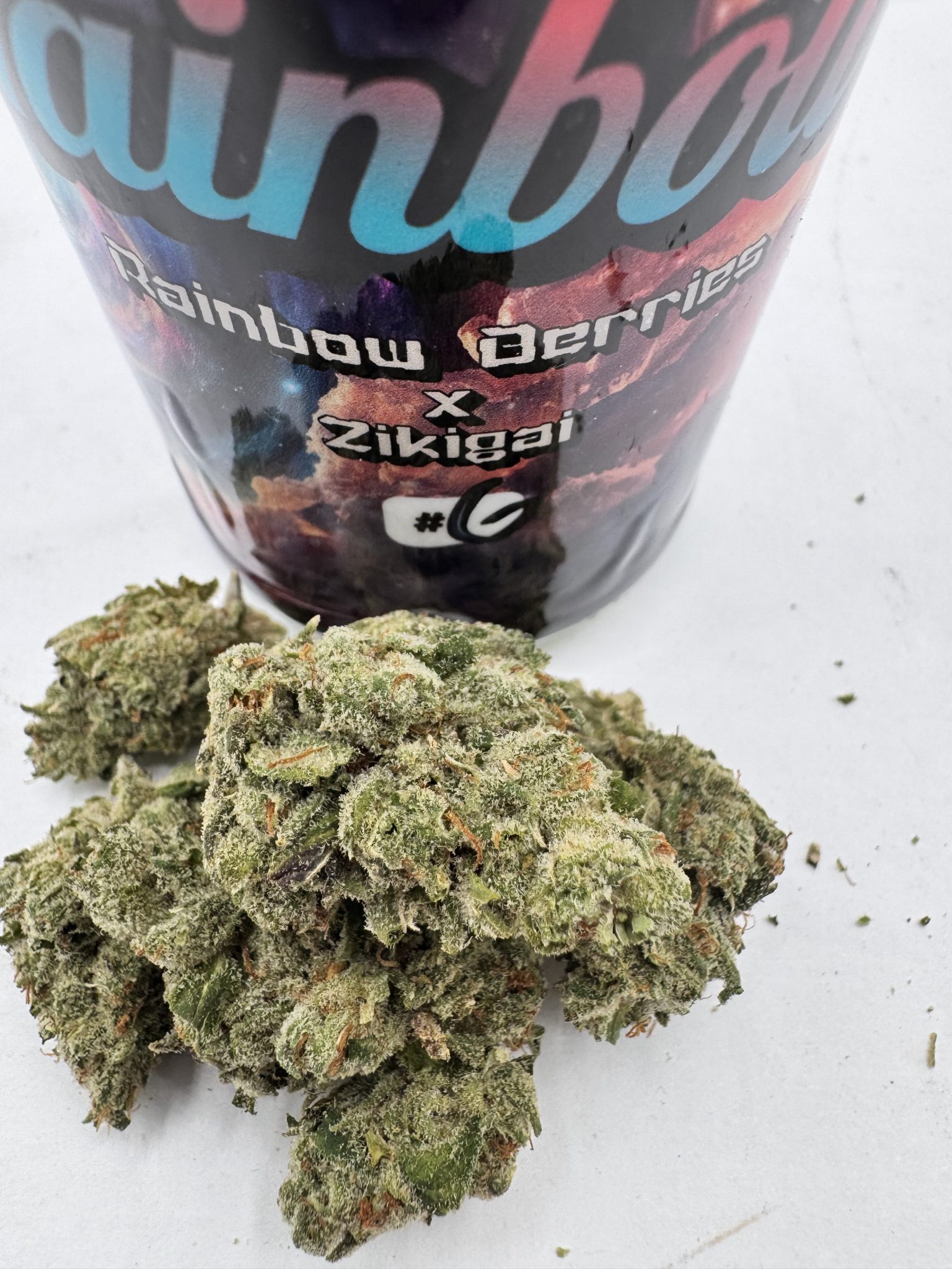 Multiple phenotypes of Reactive Rainbow (Rainbow Berries x Zikigai) by Raw Genetics, displayed with labeled jars and frosty cannabis buds