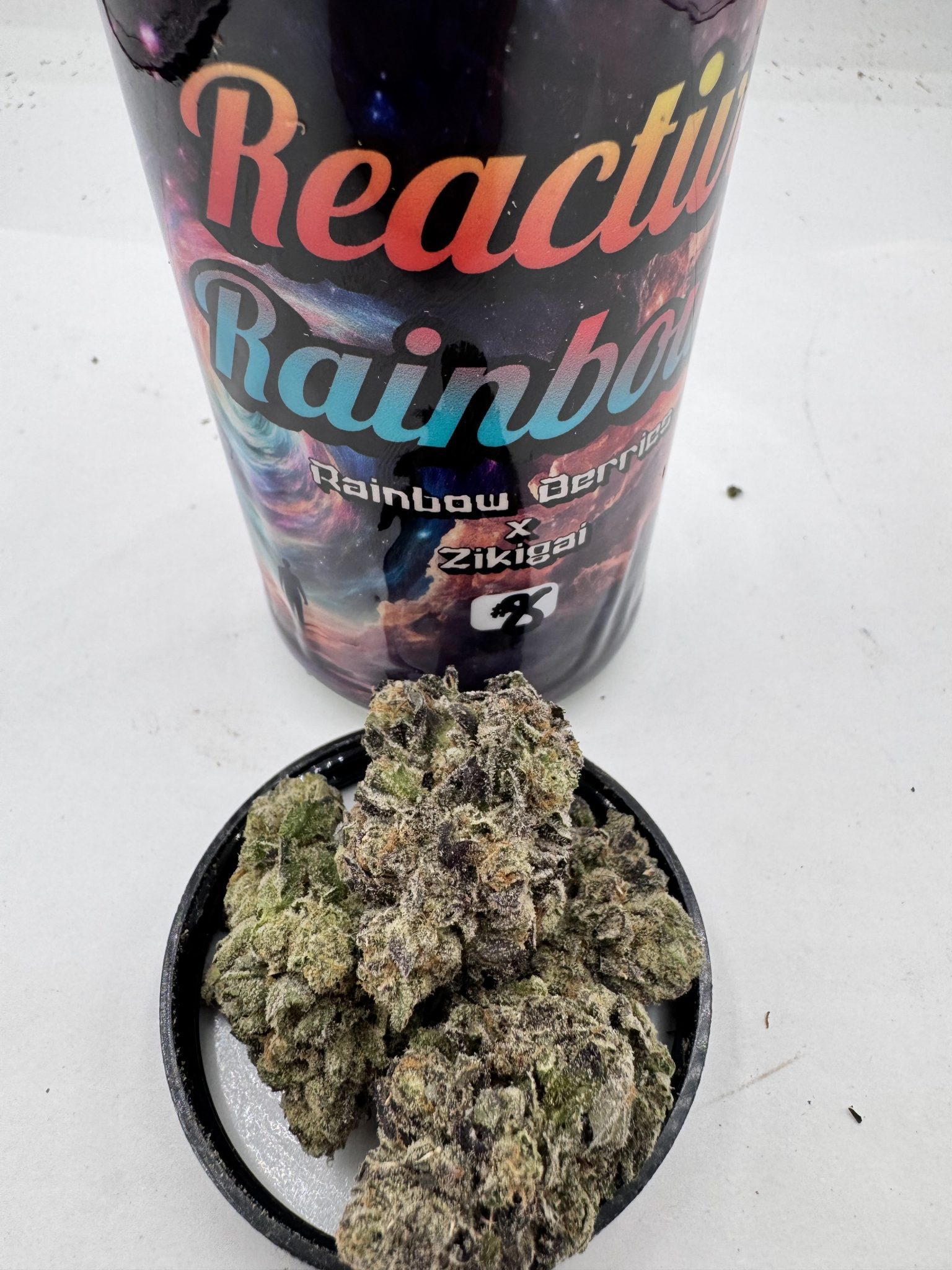 Multiple phenotypes of Reactive Rainbow (Rainbow Berries x Zikigai) by Raw Genetics, displayed with labeled jars and frosty cannabis buds