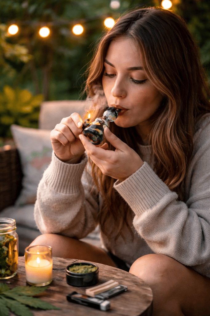 person trying best THCA flower strains for beginners with one small puff