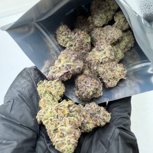 Blue Raz loud flower in open mylar bag – dense buds with heavy purple-brown frost and visible trichome coverage