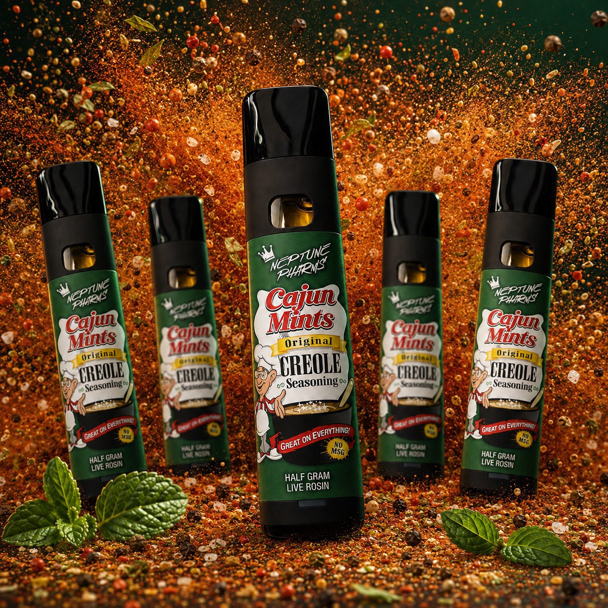 Cajun Mints live rosin vape bottles with Neptune Pharms branding stacked in fire spice-themed lifestyle shot with mint garnish