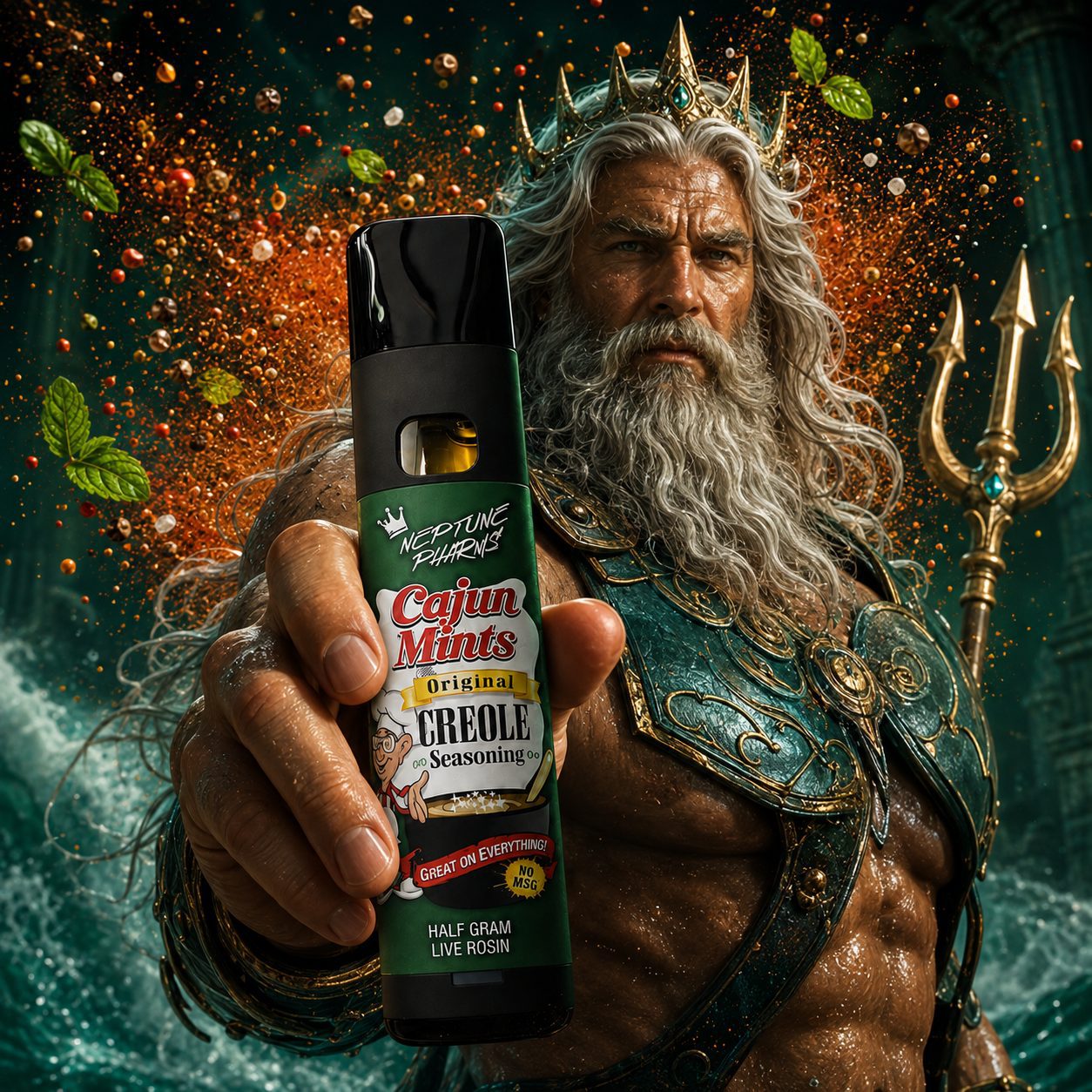 Cajun Mints live rosin vape spray can held against explosion backdrop with gold flecks and teal atmospheric effects.