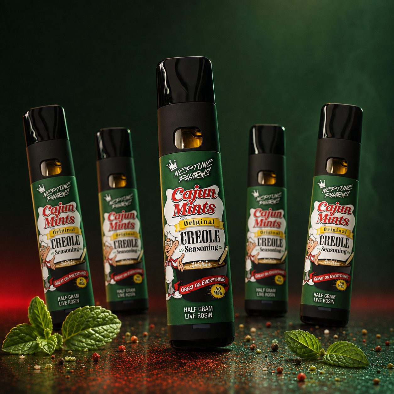Cajun Mints bottles with fire gold oil visible in center bottle, Neptune Pharma branding, half-gram live rosin spray format, mint and spice styling on dark surface