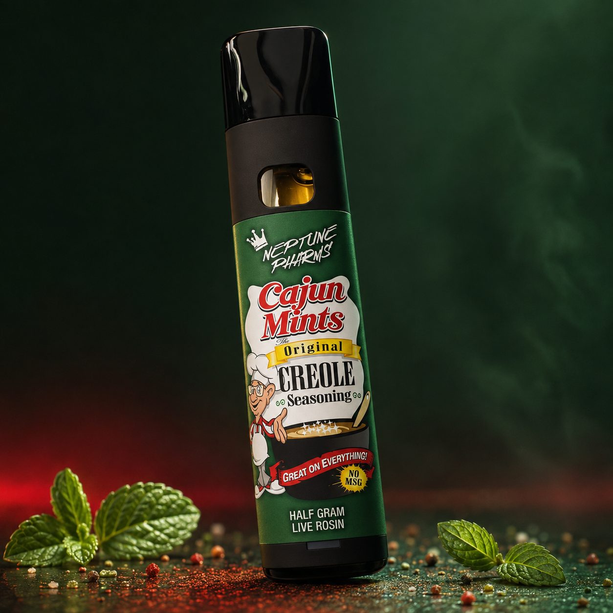 Cajun Mints rosin vape cartridge sealed with black cap, green branded label showing Creole seasoning aesthetic, amber concentrate visible through window.