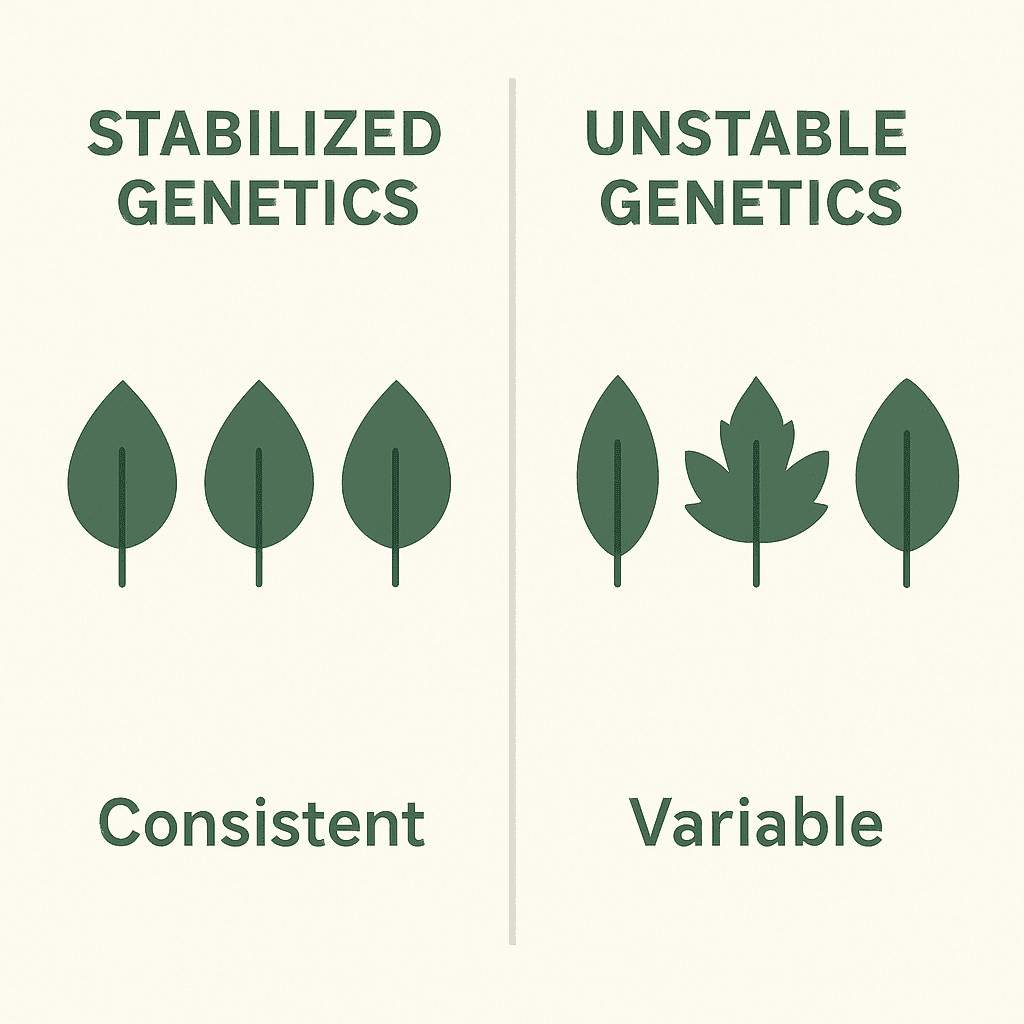 Comparison diagram showing consistent versus variable cannabis genetics