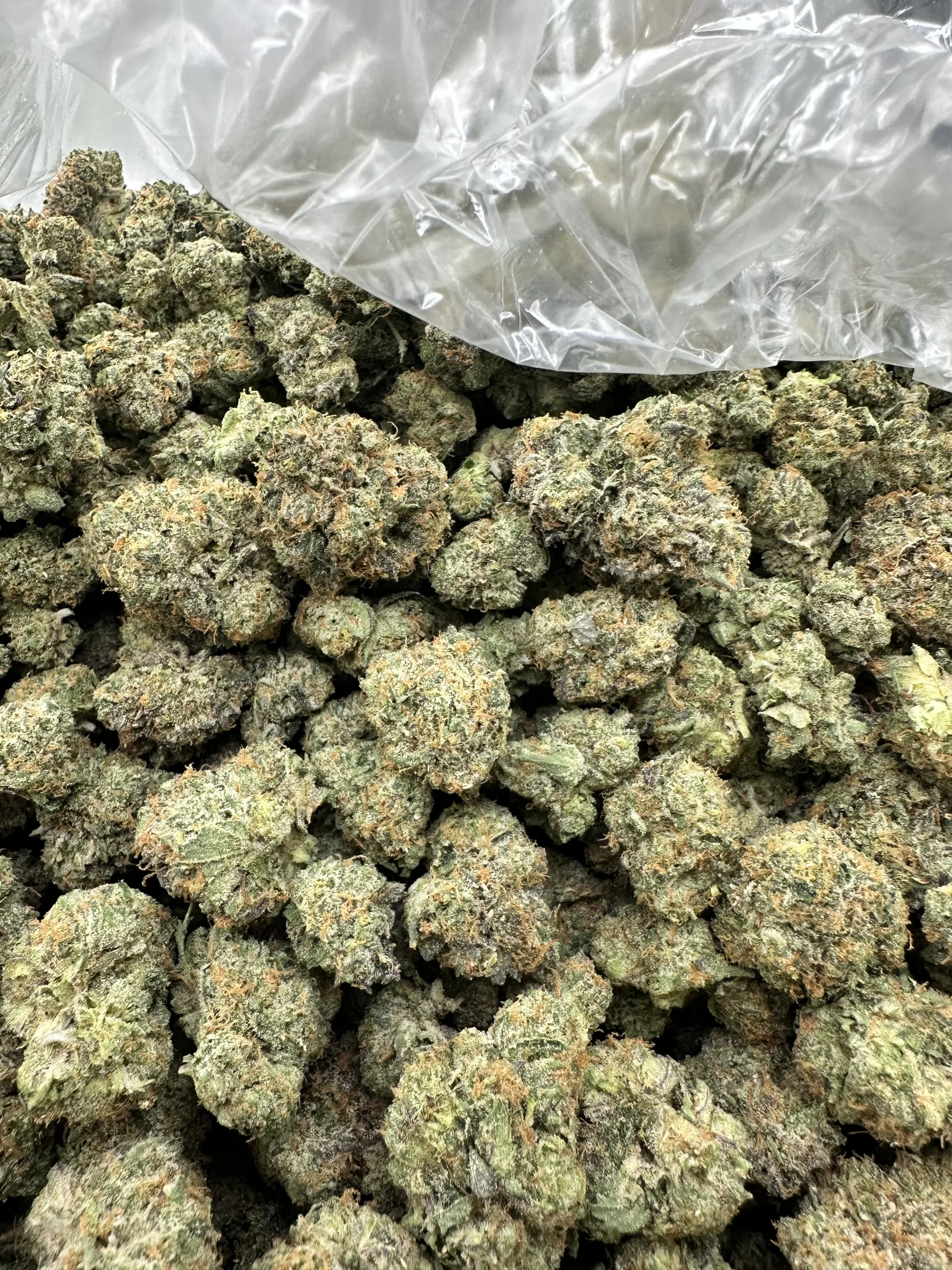 Kaizen loud flower in clear bag, dense frosted buds with visible amber pistils and heavy trichome gas throughout the pack