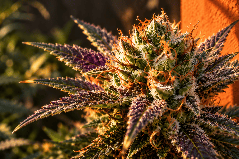 Illustrative close-up of green and purple cannabis flower with orange pistils and pale trichomes.